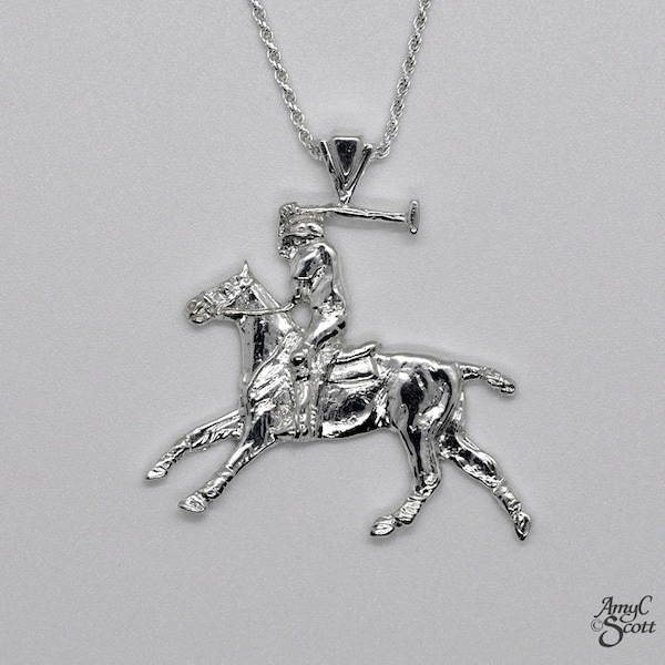 Polo Horse and Rider Solid Sterling Silver Necklace Bright Finish