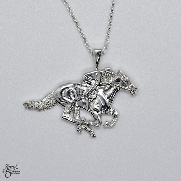 Racehorse and Jockey Solid Sterling Silver Necklace Bright Finish