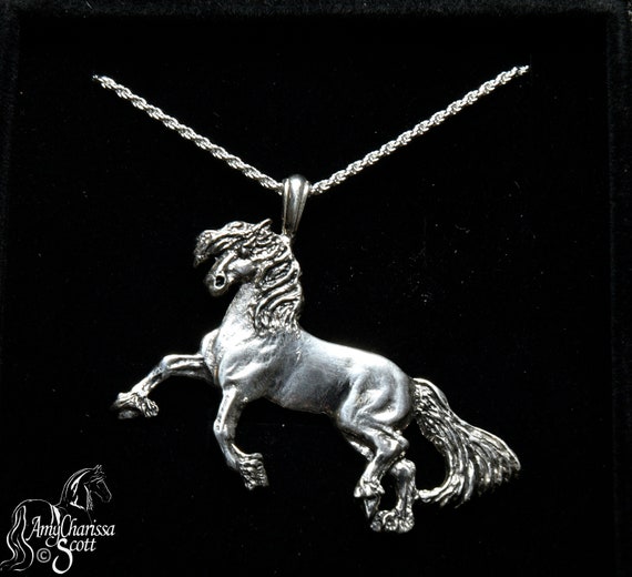Solid Sterling Silver Horse Necklace Cavorting Friesian Oxidized