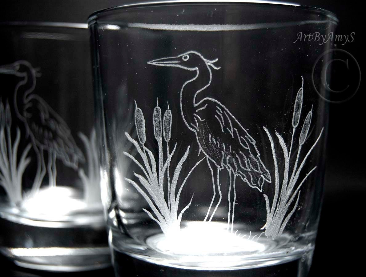 Great Blue Heron Glasses. Hand Engraved. Set of Two Etsy