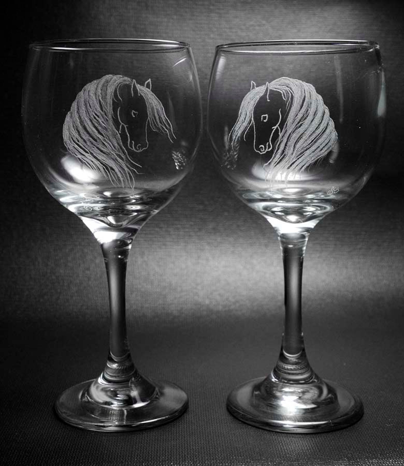 Pair of Hand Engraved Horse Wine Glasses With Long Graceful Etsy