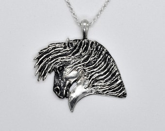 Windblown Horse Head Sterling Silver Pendant Necklace  Oxidized Finish Jewelry