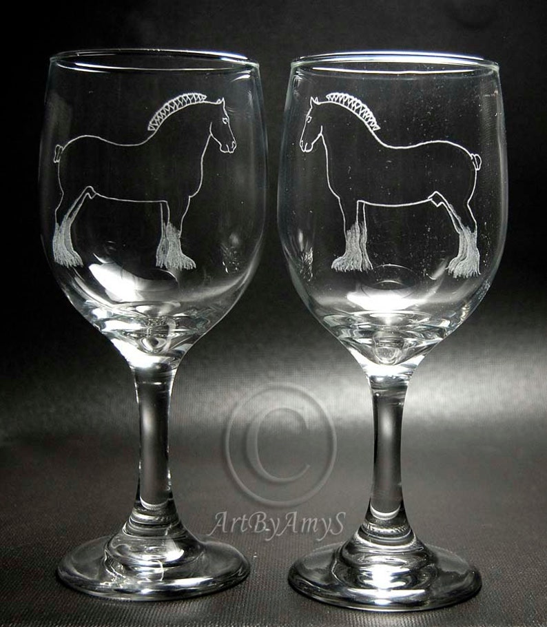 Draft Horse Wine Glasses. Set of Two. Hand Engraved. Etsy