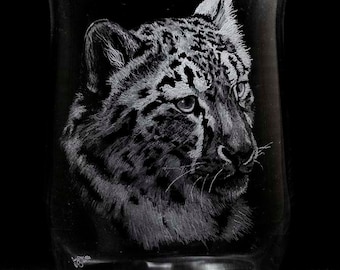 Snow Leopard Cub! Large Pillar Candle Holder. Engraved Glass.