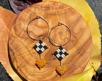 Leafy Checkered Baby Beaded Earrings in Hoop or Hook Option