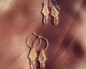 Alina - Mini Dagger Beaded Earrings in Ivory and Beige with Hoops or Hooks Option