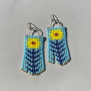 Blue and Yellow Sunflower Beaded Earrings