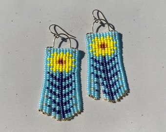 Blue and Yellow Sunflower Beaded Earrings