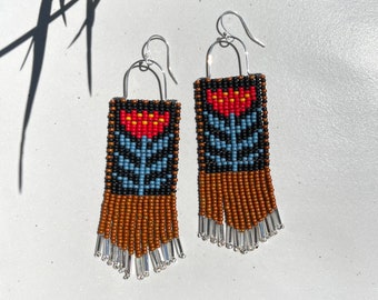 Red and Black Floral Beaded Earrings With Chocolate Fringe