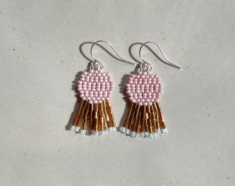 Disco Fringe- Minimal Dainty Beaded Earrings in Lilac and Bronze