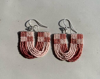 Magenta and Pale Rose Checkered Beaded Earrings