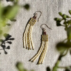 Neutral Block Color Stripe Beaded Earrings in Picasso Yellow and Cream with Gold beads