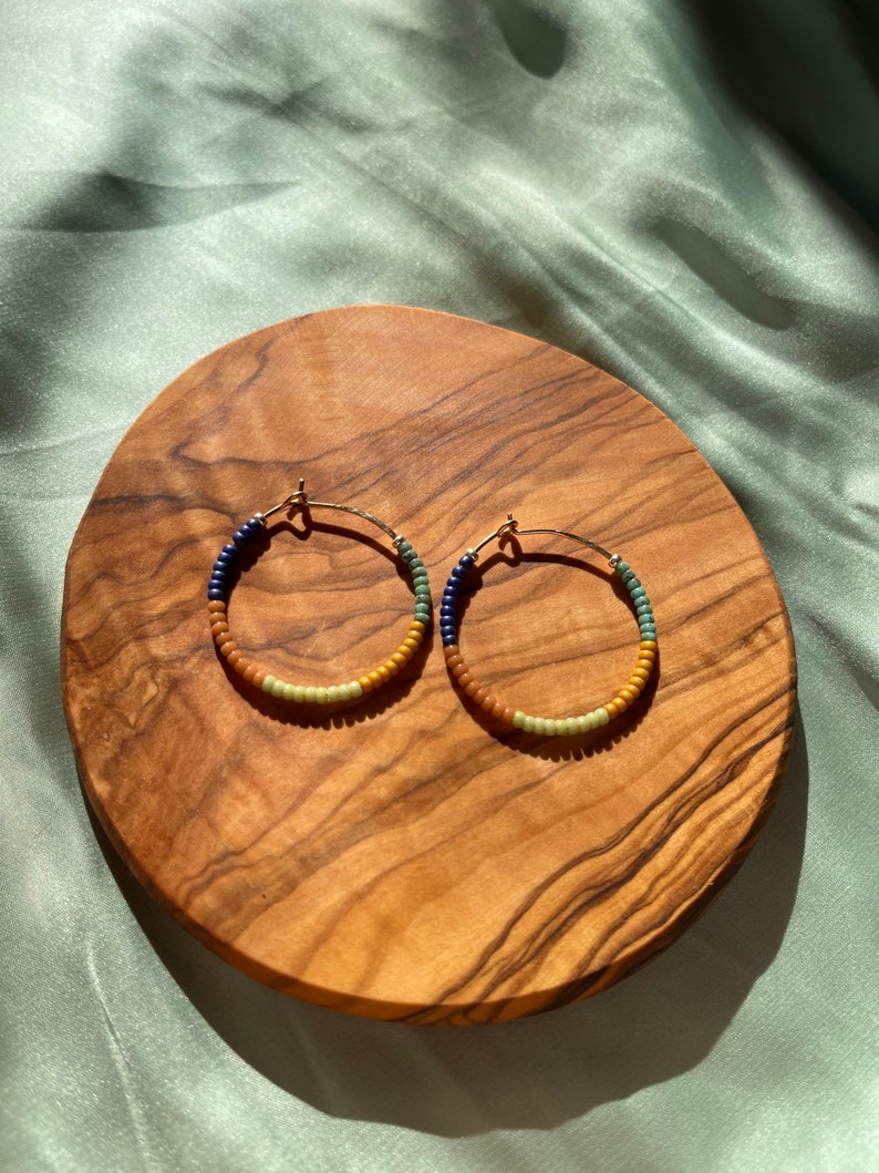 Beaded Hoop Earrings Fall Vibes in Navy and Turquoise image 2