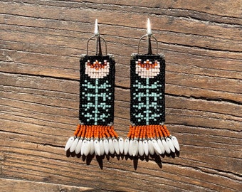 Elegant Large Peony Floral Beaded Earrings with Terracotta Fringe and Milky Daggers