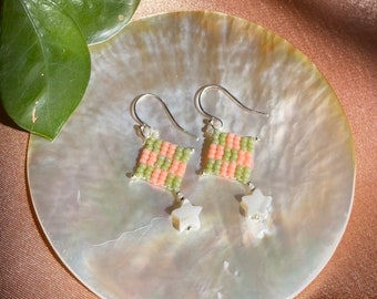 Checkered Babies in Fennel Green and Salmon- Dainty Beaded Earrings