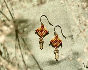 Checkered Babies in Light Topaz and Toast- Dainty Beaded Earrings