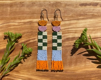 Block Color Checkered Earrings in Jade Green