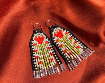 Evolving Rose Floral Beaded Earrings in Orange Red