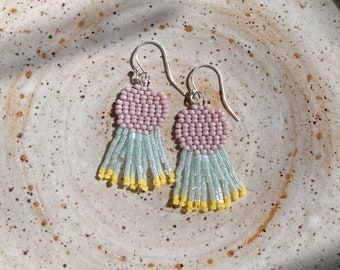 Disco Fringe- Minimal Dainty Beaded Earrings in Lilac and Frosted Aqua