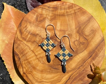 Checkered Babies Beaded Earrings in Banana and Dark Teal Picasso