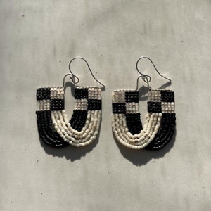 Black and Off White Checkered Beaded Earrings