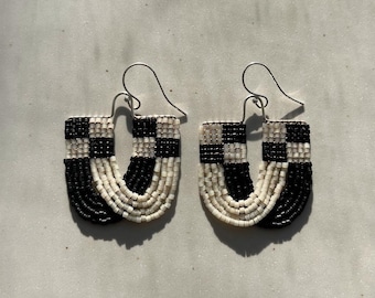 Black and Off White Checkered Beaded Earrings
