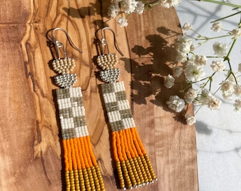 Block Color Checkered Beaded Earrings in Silver
