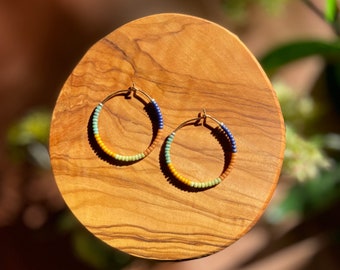 Beaded Hoop Earrings- Fall Vibes in Navy and Turquoise