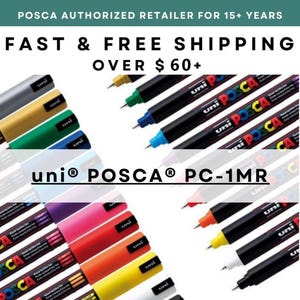 Puede incluir: Una variedad de marcadores de pintura uni POSCA PC-1MR en diferentes colores, incluyendo plata, oro, verde, azul, morado, rosa, rojo, naranja, amarillo y blanco. Los marcadores están dispuestos en una fila, con las puntas mirando hacia el espectador. El texto "uni POSCA PC-1MR" es visible en el centro de la imagen.
