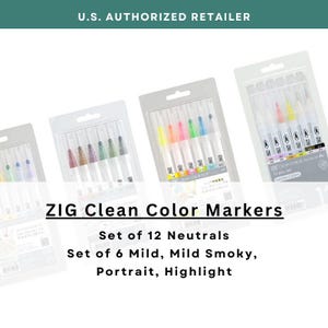 May include: A set of ZIG Clean Color Markers in a clear plastic package. The set includes 12 neutral colors, 6 mild colors, 6 mild smoky colors, 6 portrait colors, and 6 highlight colors.