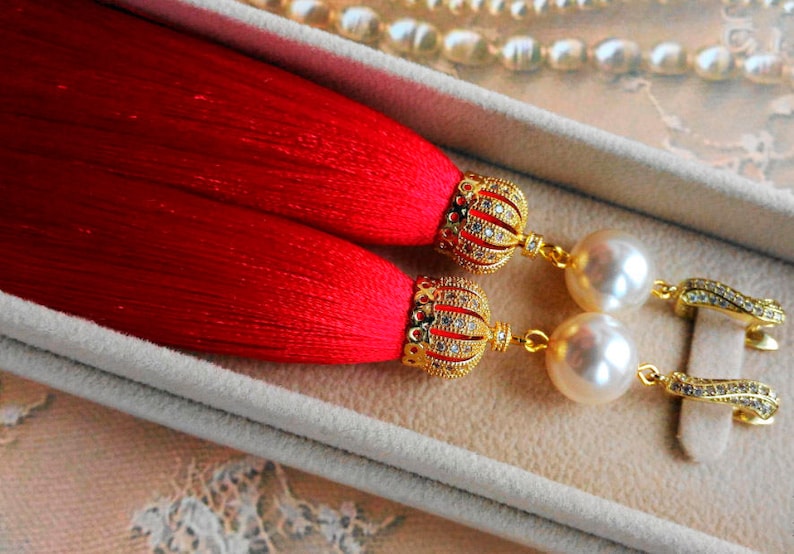 Royal Red with Crown Long tassel earrings MANY COLORS Luxury red earrings Tassel pearl earrings Luxury tassel earrings Dangle earrings