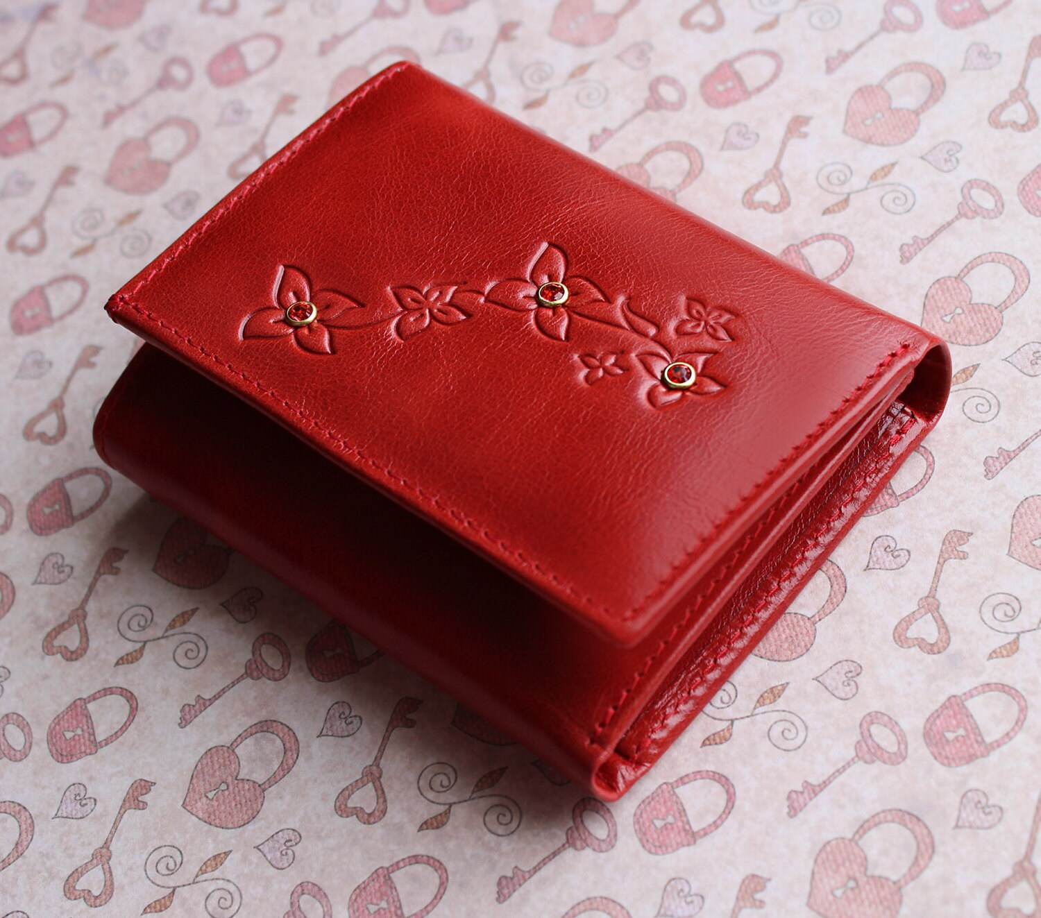Red leather trifold wallet Red genuine leather wallet Woman Etsy