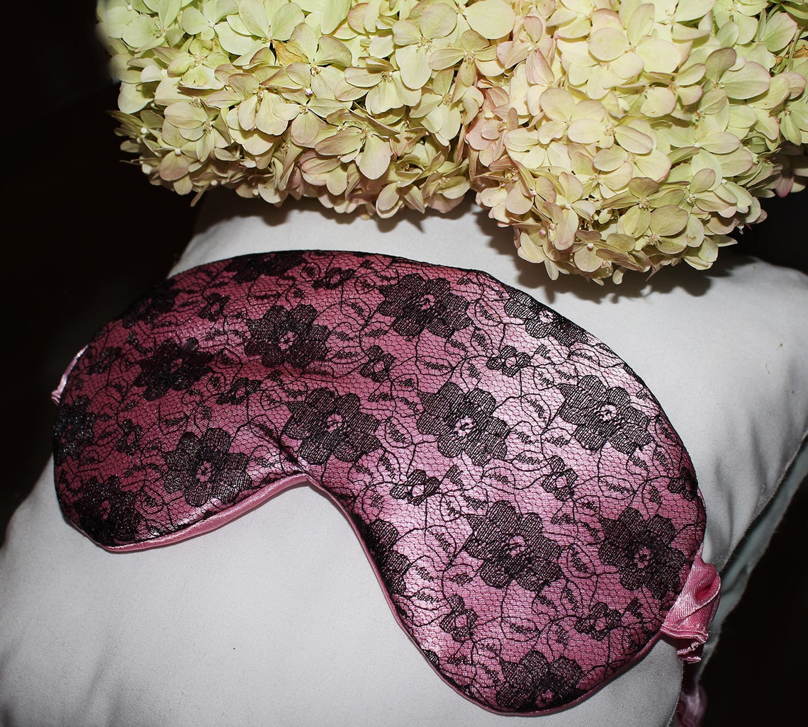 Baby pink satin & black lace sleep mask Satin sleeping mask Etsy