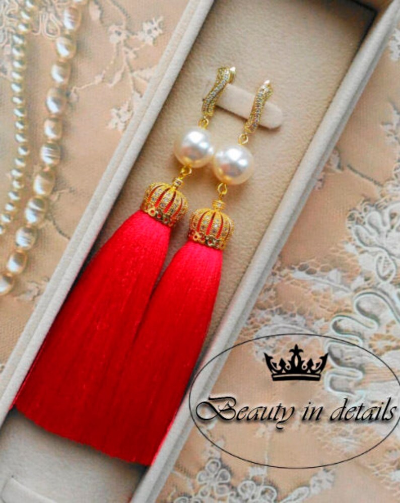 Royal Red with Crown Long tassel earrings MANY COLORS Luxury red earrings Tassel pearl earrings Luxury tassel earrings Dangle earrings