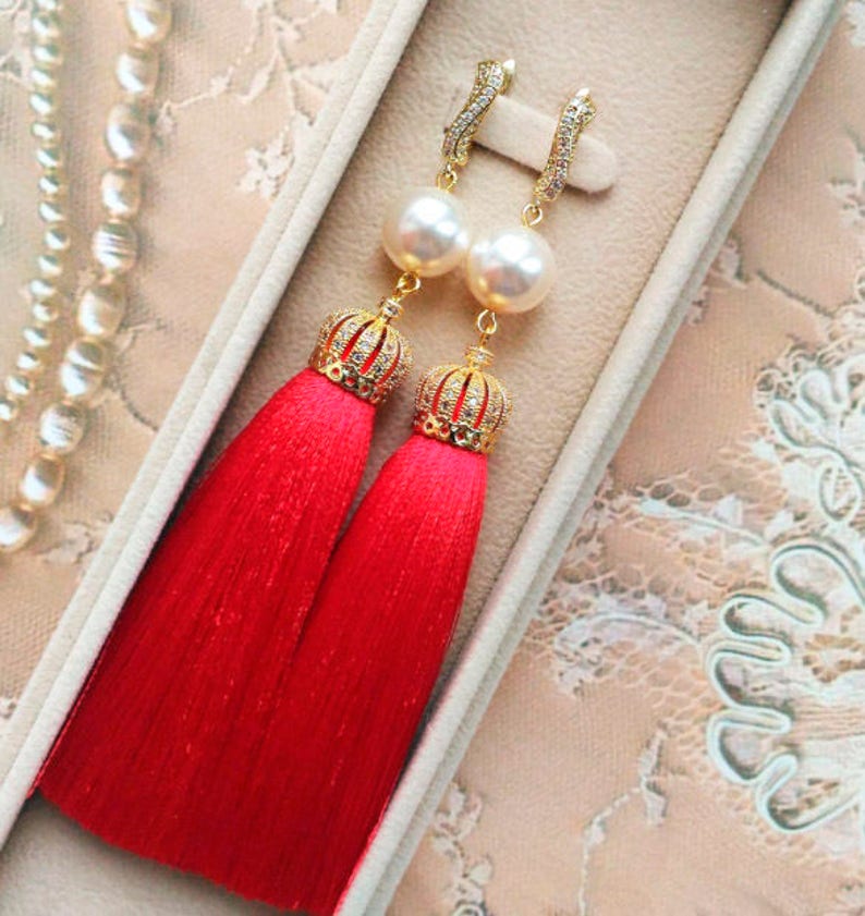 Royal Red with Crown Long tassel earrings MANY COLORS Luxury red earrings Tassel pearl earrings Luxury tassel earrings Dangle earrings