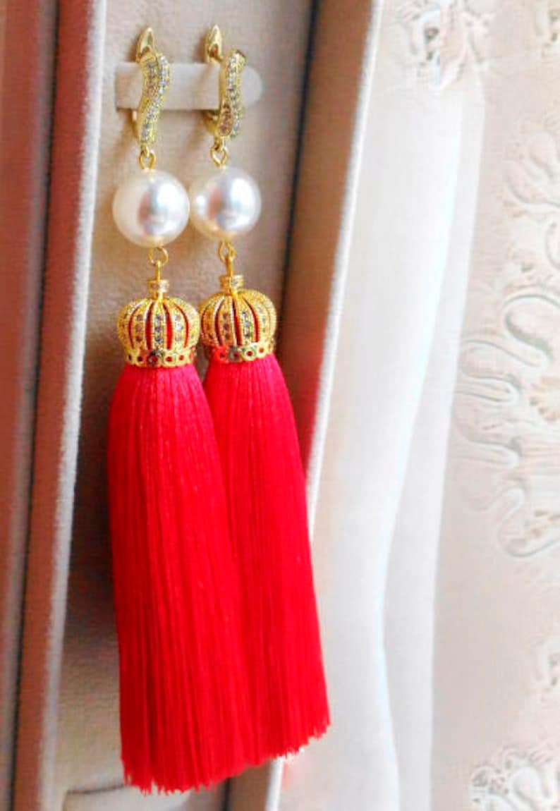 Royal Red with Crown Long tassel earrings MANY COLORS Luxury red earrings Tassel pearl earrings Luxury tassel earrings Dangle earrings