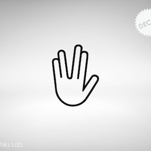 May include: Black and white line art illustration of a hand making the Vulcan salute, a popular gesture from the Star Trek franchise.