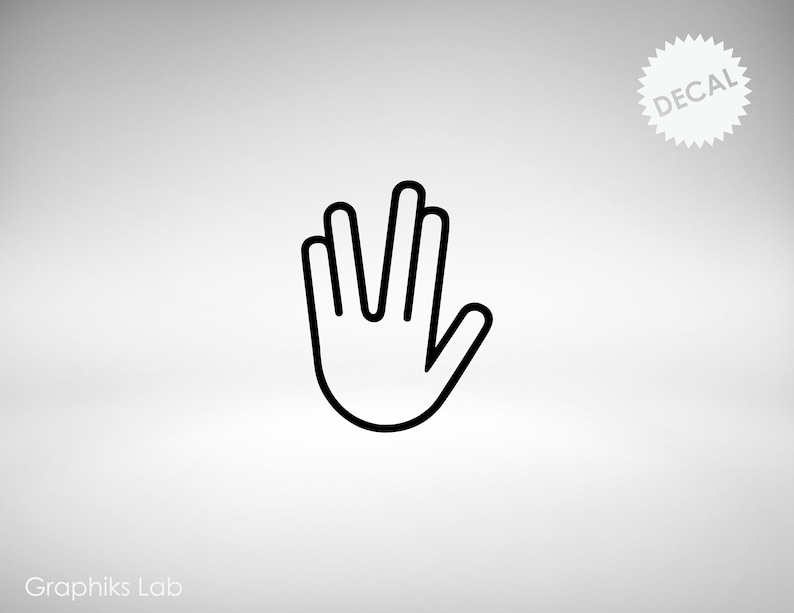 May include: Black and white line art illustration of a hand making the Vulcan salute, a popular gesture from the Star Trek franchise.