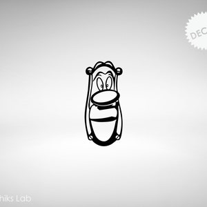 May include: Black and white cartoon illustration of a character with a large nose and wide eyes. The character is wearing a hat and has a large, round body.