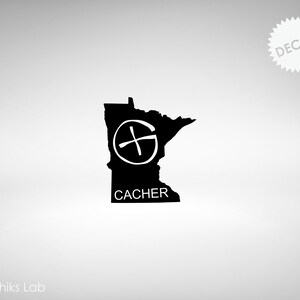 May include: Black and white decal of the state of Minnesota with a compass symbol and the word "CACHER" inside the state outline.
