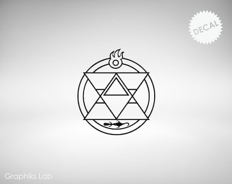 May include: Black and white line art design of a circle with a triangle inside. The triangle has a smaller triangle inside of it. There is a flame at the top of the circle and a small fish at the bottom.