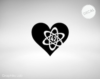 May include: Black heart-shaped decal with a white atom symbol and the number 42 inside.