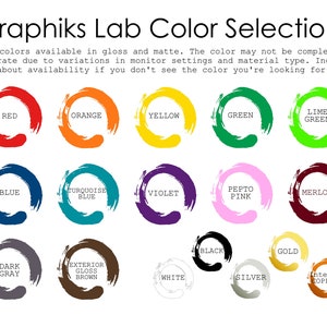 May include: A chart showing 16 different paint colors available in gloss and matte finishes. The colors are arranged in three rows of five and one row of six. The colors include red, orange, yellow, green, lime green, blue, turquoise blue, violet, pepto pink, merlot, dark gray, exterior gloss brown, white, black, silver, gold, and interior copper.