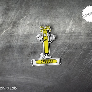May include: A yellow cartoon stick figure with a surprised expression, wearing white shoes and holding a sign that says "CHEESE". The figure is standing on a white background with the word "STICKER" in a white circle.