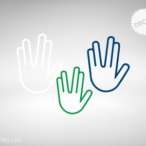 May include: Three hand outlines in different colors: white, green, and blue. Each hand is making the Vulcan salute, a gesture with the middle and ring fingers extended, while the thumb, index, and pinky fingers are closed.