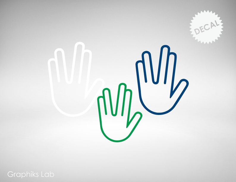 May include: Three hand outlines in different colors: white, green, and blue. Each hand is making the Vulcan salute, a gesture with the middle and ring fingers extended, while the thumb, index, and pinky fingers are closed.