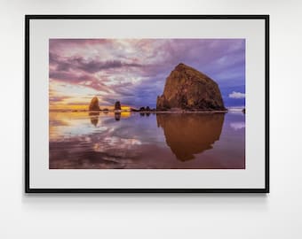 Cannon Beach Framed Sunset Print, Oregon Beach Print, Coastal Landscape Photography, Serene Ocean Scene Wall Art, Pacific Ocean, Northwest