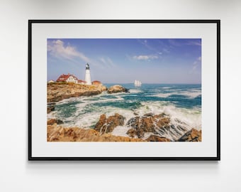Portland Head Lighthouse Framed Print – Maine Coastal Art with Schooner