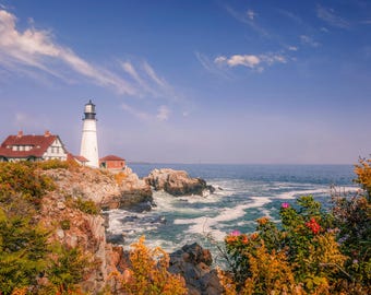 Maine Lighthouse Print, Coastal Wall Decor, Nautical Landscape, Portland Head Lighthouse Photo Print, New England Lighthouse, Maine