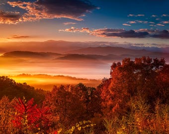 Great Smoky Mountains National Park Print.  Vibrant Autumn Landscape Sunrise Print.  Mountain Photography